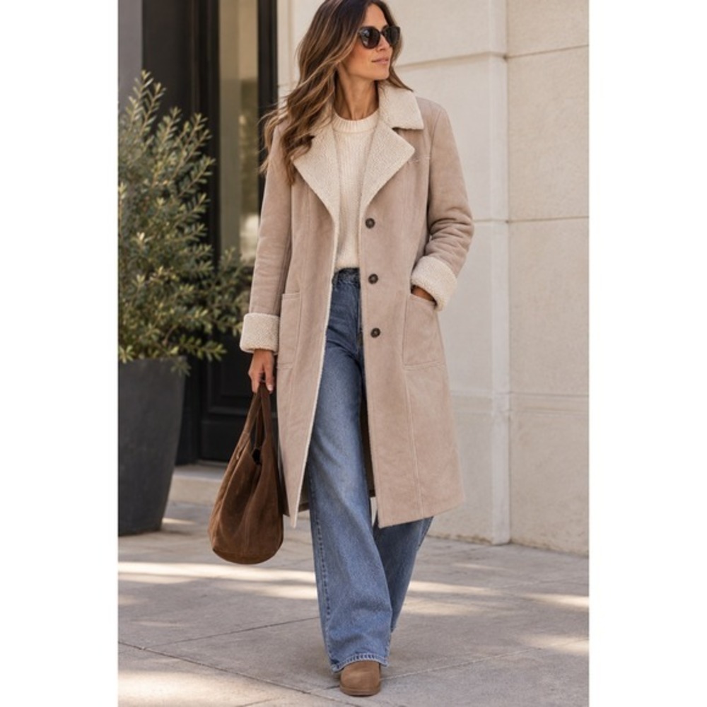 Vintage GAP Y2K Faux Suede Sherpa Long Penny Lane Coat Tan Camel Size Large